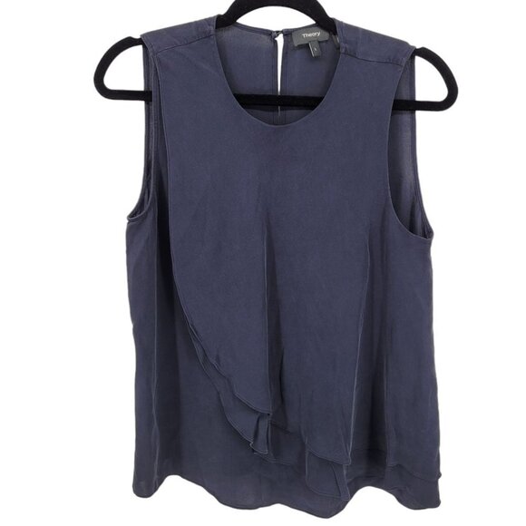 Theory womens Large Blue Elmali Classic 100% silk sleeveless layered blouse - Picture 1 of 8